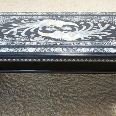 1021	BLACK LACQUER COFFEE TABLE WITH INTRICATE INLAY OF BIRDS, FLOWERS AND VINES. 56 IN X 23 1/2 IN, 20 IN HIGH. HAS SPOTS OF BLISTERING...