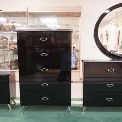 1012	5 PC  BLACK LACQUER AND CHROME MODERN BEDROOM. HIGH CHEST, LOW CHEST WITH MIRROR, 2 NIGHT STANDS AND A HEADBOARD AND FOOT BOARD.HEAD...
