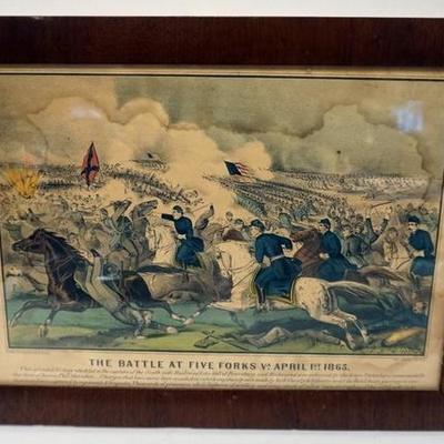 1075	CURRIER AND IVES PRINT *THE BATTLE OF FIVE FORKS VA APRIL 1ST 1865*. 16 IN X 12 IN, STAIN ON TOP.
