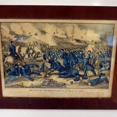 1074	CURRIER AND IVES PRINT *THE BATTLE OF FREDERICKSBURG VA DEC. 13 1862*. 16 1/4 IN X 12 IN OVERALL.
