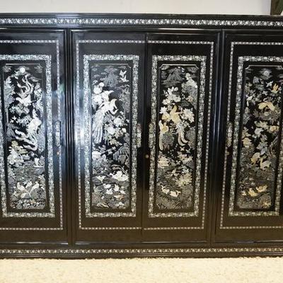 1013	BLACK LACQUER 4 DOOR ARMIORE WITH INTRICATE MOTHER OF PEARL INLAY DEPICTING BIRDS, ANIMALS, FLOWERS AND MOUNTAINS. 105 1/2  INCHES...