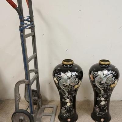 1048	PAIR OF TALL ASIAN BRASS VASES WITH BLACK LACQUER AND MOP INLAY WITH BIRDS, FLOWERS AND PEACHES. 26 1/2 IN HIGH
