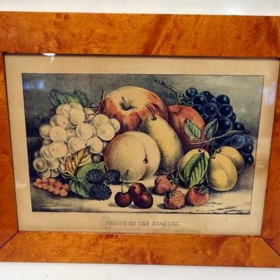 1077	CURRIER AND IVES PRINT *FRUITS OF THE SEASONS*. 18 IN X 14 1/4 IN OVERALL. IN A BIRDSEYE MAPLE FRAME
