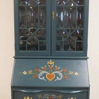 1033	PAINT  DECORATED SLANT FRONT SECRETARY WITH BUBBLE GLASS TOP DOORS. 31 IN WIDE X 16 IN DEEP X 84 IN HIGH. TOP HAS LIGHTING
