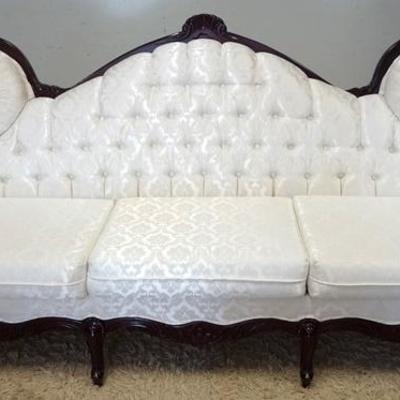 1080	CARVED TUFTED SOFA WITH WHITE BROCADE UPHOLSTERY, 87 IN WIDE.
