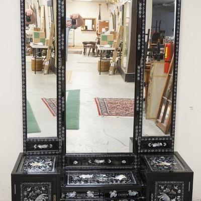 1017	BLACK LACQUER VANITY WITH MOP INLAY OF TURTLES AND BIRDS. SIDE MIRRORS ARE HINGED. HAS 4 DRAWERS AND 2 DOORS PLUS 2 INTERIOR DRAWERS...