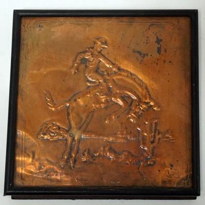 1094	EMBOSSED COPPER PLAQUE OF A BUCKING BRONCO, FRAMED, 4 IN X 4 3/4 IN
