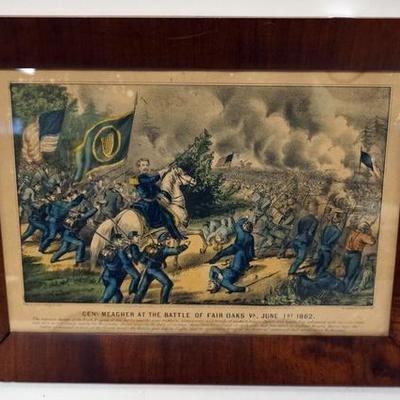 1076	CURRIER AND IVES PRINT *GEN. MEAGHER AT THE BATTLE OF FAIR OAKS VA JUNE 1 1862*. 17 IN X 12 3/4 IN OVERALL. SOME STAINING.
