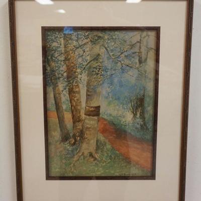1097	FRAMED WATERCOLOR OF A WOODED PATH SIGNED BOYO, 1924, OVERALL 15 1/2