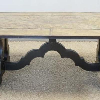 1030	ELEGANT DINING TABLE WITH ENGRAVED BRASS TOP. 82 1/4 IN X 38 1/4 IN. 31 IN HIGH
