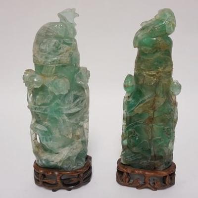 1008	PAIR OF ASIAN GREEN QUARTZ STATUES ON CARVED WOODEN BASES. 11 IN HIGH
