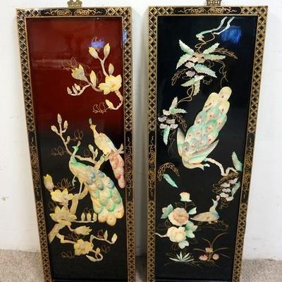 1085	PAIR OF ASIAN WALL PLAQUES WITH RELIEF DECORATION OF PEACOCKS AND FLOWERS. 12 IN X 36 IN.
