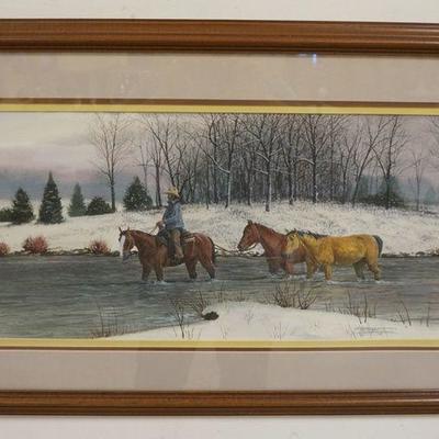 1099	PAT WATERS WESTERN PRINT, 1977, TITLED *MOVIN EM THROUGH*, WINTER SCENE-HORSES IN A STREAM, TRIPLE MATTED, OVERALL 32 1/4 IN X 20...