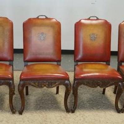 1029	MAITLAND SMITH SET OF 6 LEATHER COVERED DINING CHAIRS WITH CARVED FRAMES AND SCROLL FEET..2 ARM CHAIRS AND 4 SIDES. SIDE CHAIRS HAVE...