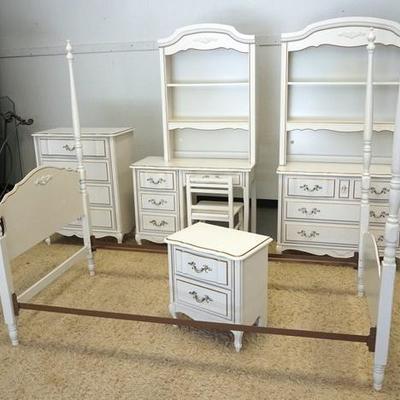 1084	LEA 5 PIECE CHILD'S BEDROOM SET. PAINTED WHITE WITH GOLD TRIM, TWIN SIZE BED, DESK WITH SHELF TOP, DRESSER WITH SHELF TOP, HIGH...