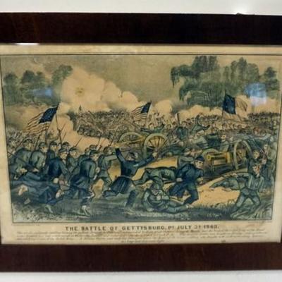 1073	CURRIER AND IVES PRINT *THE BATTLE OF GETTYSBURG PA, JULY 3 1863*. 16 1/8 IN X 12 IN OVERALL. SMALL TEAR ON LEFT EDGE.

