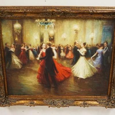 1057	LARGE FRAMED ARTWORK DEPICTING BALLROOM DANCERS. OVERALL DIMENSIONS 57 3/4 IN X 46 IN.
