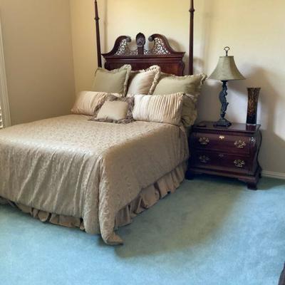 Full size colonial style headboard and two nightstands. Matching dresser available. Mattress and box spring not available.