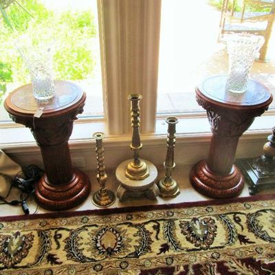 Beautiful pedestals with marble tops, brass decor & crystal vases.
