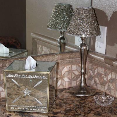 Venetian Style Mirrored Etched Glass Kleenex Caddy, chrome Candle Lamp with Beaded Shade (1 of 2 shown) and Made in Germany Crystal Ring...