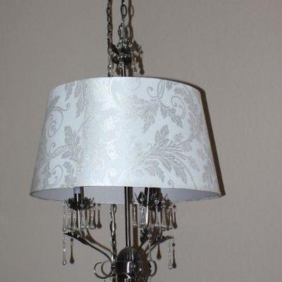 Hanging Brass Lamp with Crystal Tear Drop Prisms and White Brocade Shade