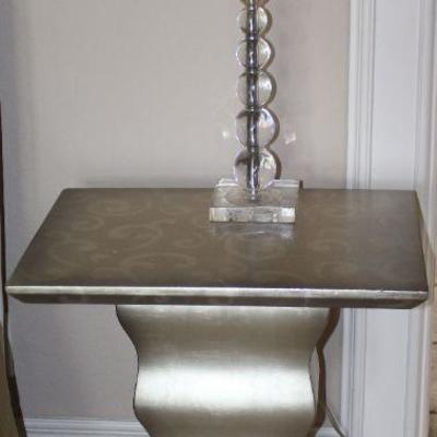 Champagne Rectangular Pedestal End Table (26.5â€H x 22â€W x 17â€D) Shown with  Herminie Stacked Ball Acrylic Table Lamp (1 of 2 shown)