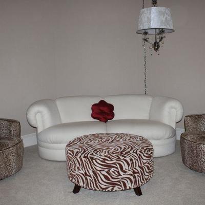 Kidney Bean/Crescent Shape Boucleâ€™  Vanilla Upholstery Sofa,  Dimensions Zebra Print 36â€ Round Ottoman and a Pair of Leopard Print...