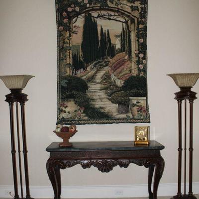 Beautiful Garden Path Wall Tapestry shown over Rosewood Console Table with 2 Torchiere Floor Lamps