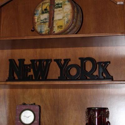 Small Decorative Travel Case,  Wood New York Standing Desk Plaque, Clock and Bead & Crystal Embellished Red Glass Vase