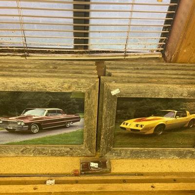 Vintage car photos in rustic wood frames