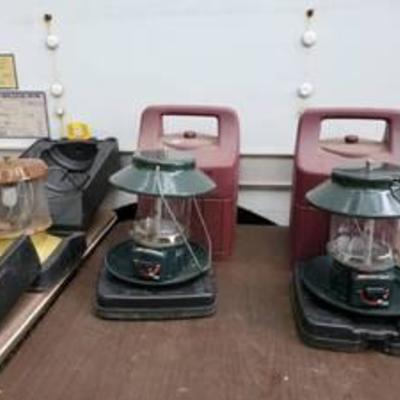 3 Lanterns - Lot of 2 Electronic Ignition Coleman Lamp and Pyrex Lantern