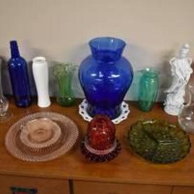 Collection of Colored Glass Items -Ruffled Edge Fairy Lamp, Red, Green Divided Tray, Pink Depression Glass Plates & Cup, Vases & More