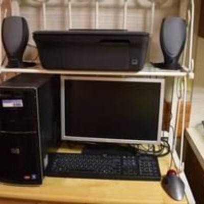 HP Windows 7 Desktop Computer, Monitor, & PrinterScannerCopier w Trackball & Speakers -Works