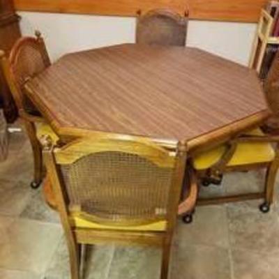 4' Hexagonal Dinner Table on Casters w. Chairs on casters - One Chair is Missing Cover Material