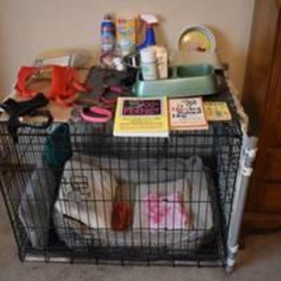 Collapsible Dog Crate w. Assorted Dog Items, Leashes Grooming Items, Toys & More-36x24x27