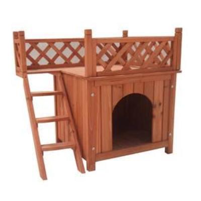 ALEKO DH28X20X25WD Wooden Cedar Pet Home for Small Pets Dogs Cats Side Steps and Balcony Kennel Lounger 28 x 20 x 25 Inches