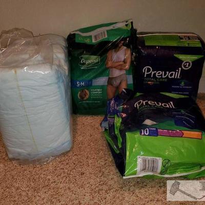 738	

2 Pack of Prevail Underpads, 1 Pack of Depend Underwear
Size- S-M