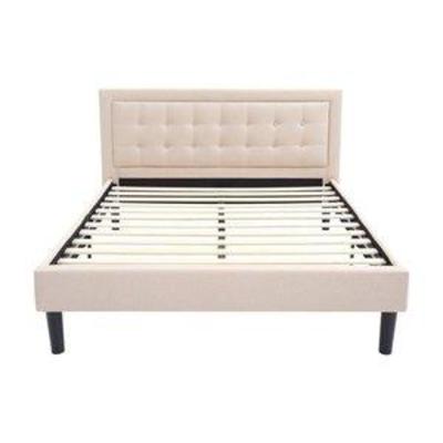 Classic Brands Mornington Upholstered Platform Bed  Headboard and Metal Frame with Wood Slat Support, Queen, Linen