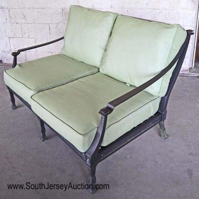 Lot: 474 - Cast aluminum with upholstered cushions outdoor

Cast aluminum with upholstered cushions outdoor patio loveseat by Restoration...