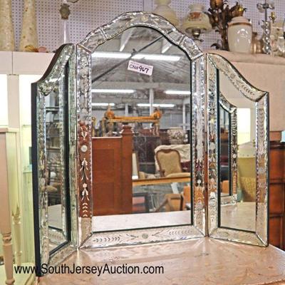 Lot: 420 - Venetian Tri fold table top mirror - has small

Venetian Tri fold table top mirror - has small crack
