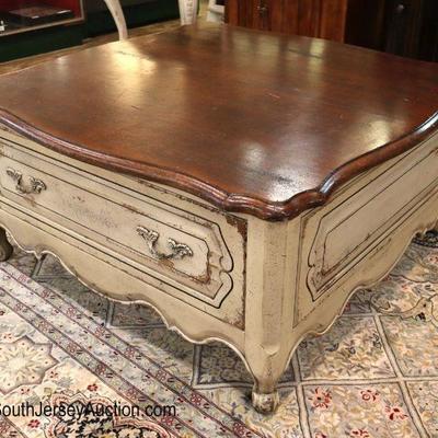 Lot: 427 - Country French style paint decorated distress

Country French style paint decorated distress mahogany top 2 drawer coffee...