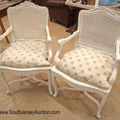 Lot: 433 - Pair of French style shabby chic style paint

Pair of French style shabby chic style paint decorated cane back and bottom arm...