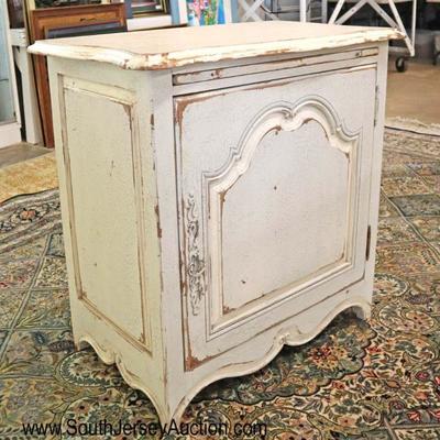 Lot: 404 - Paint decorated distressed 1 door cabinet with

Paint decorated distressed 1 door cabinet with pull out tray by Habersham...