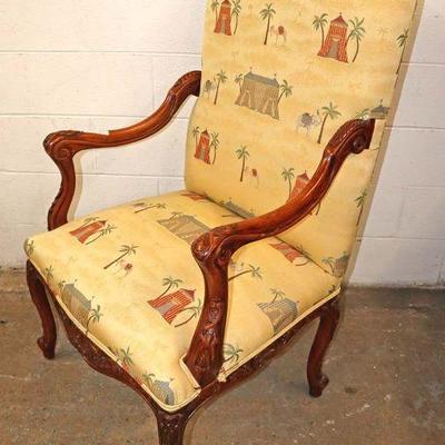 Lot: 702 - Carved and fancy mahogany frame upholstered

Carved and fancy mahogany frame upholstered decorator arm chair by Fairfield...