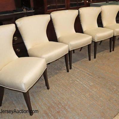 Lot: 644 - Set of 6 decorator upholstered tacked dining room

Set of 6 decorator upholstered tacked dining room chairs
