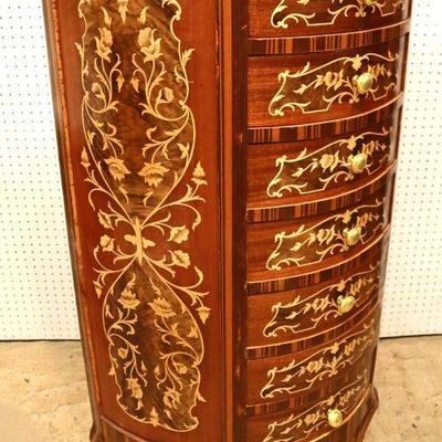 Lot: 604 - French style inlaid mahogany 7 drawer lingerie

French style inlaid mahogany 7 drawer lingerie style chest - missing 1 piece...