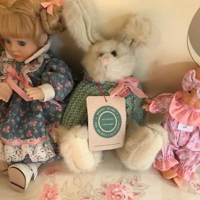 Porcelain wind up doll $8
Boyds bear bunny $10
small pink baby doll $2
