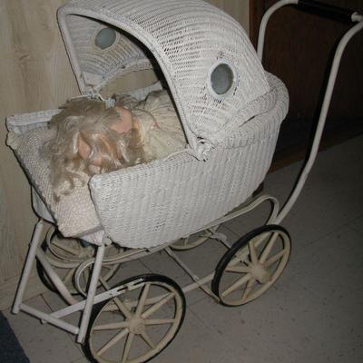 WHITE WICKER VINTAGE DOLL BUGGY    BUY IT NOW $ 38.00