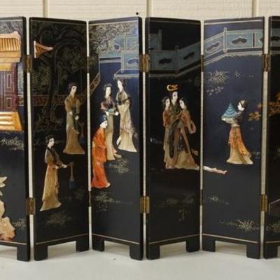1092	TAPLE TOP ASIAN FOLDING SCREEN. DECORATED ON BOTH SIDES, ONE SIDE IN RELIEF, 6 SECTIONS EACH 4 IN X 15 IN
