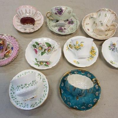 1075	9 DECORATED CUP & SAUCER SETS-ROYAL TARA, CROWN STAFFORDSHIRE, ROYAL ALBERT, QUEENS, REGENCY, ETC
